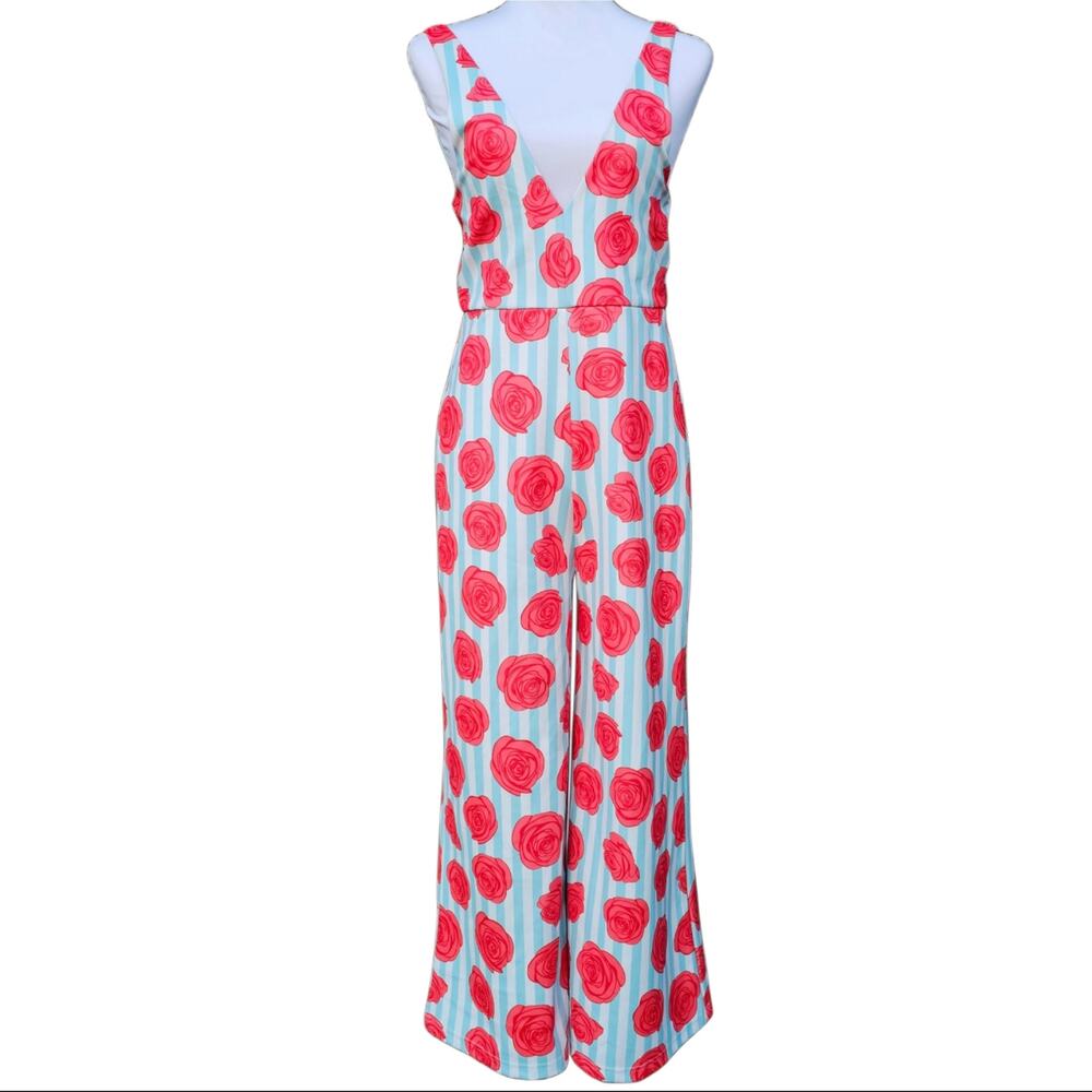 Shinesty Rose Print Jumpsuit Size S Blue Stripe Pink Sleeveless Wide Leg Crop